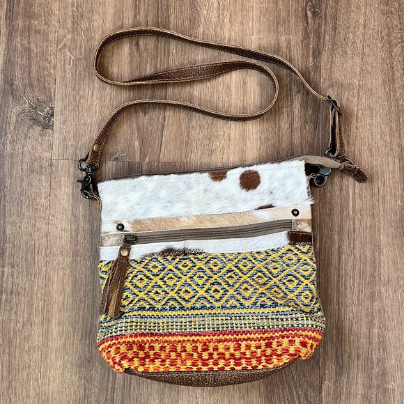 Myra Bag Upcycled Canvas & Cow Hide Boho Purse - Picture 1 of 16